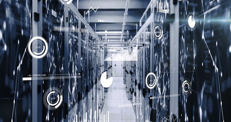 Image of data processing and network of connections against computer server room