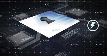 Image of digital icons and data processing over security padlock icon against grey background
