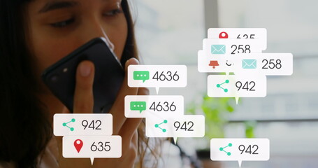 Image of media icons over caucasian woman using smartphone