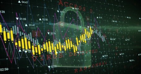 Image of data processing over security padlock icon against green background