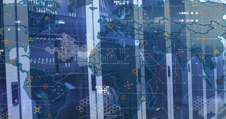 Image of world map with data processing over server room