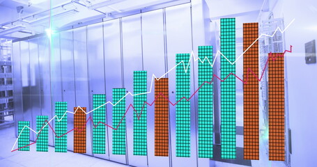 Image of financial data processing over server room