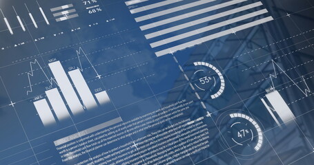 Image of financial data processing over cityscape