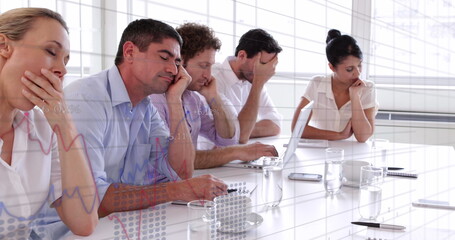 Image of statistical data processing over diverse colleagues stressed in meeting room at office