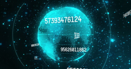 Image of numbers and connections and globe on black background