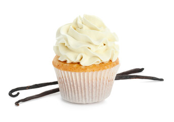 Tasty cupcake with cream and vanilla pods isolated on white