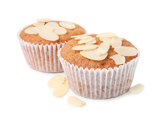 Muffins with fresh almond flakes isolated on white