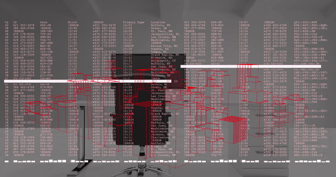 Image of data processing and 3d spinning city model against office desk