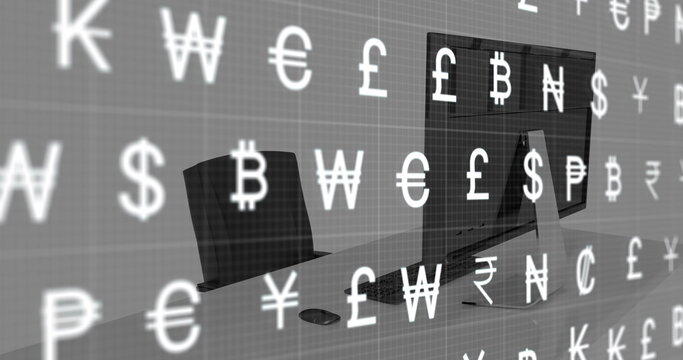 Image of currency symbols over office desk with computer - Powered by Adobe