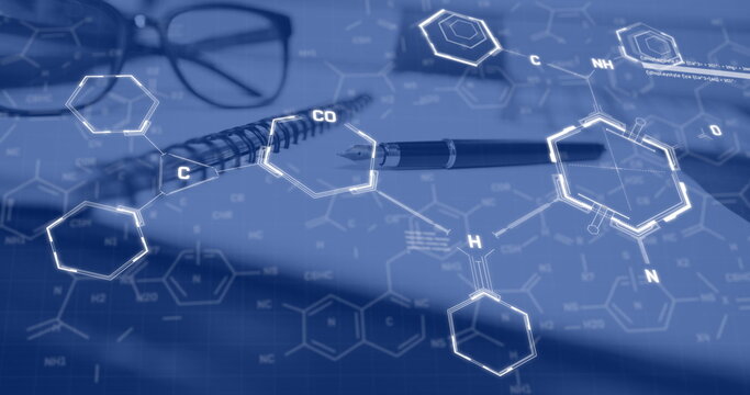 Image of chemical formula over office desk with notebook, pen and glasses - Powered by Adobe