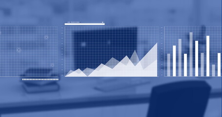 Image of data processing over office desk with computer