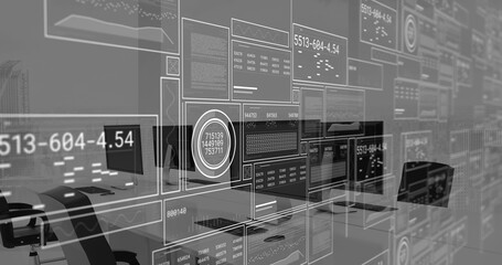 Image of interface with data processing against empty office