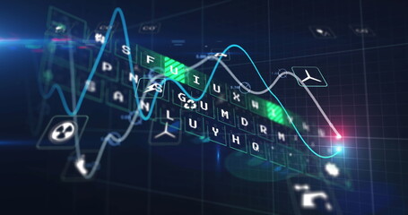 Image of digital icons over glowing graphs and data processing against blue background