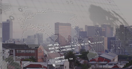 Image of data processing and world map over cityscape