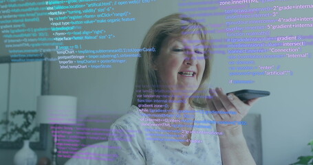 Image of data processing over senior caucasian woman talking on smartphone
