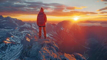 Fototapeta premium Traveler taking a picture of a mountain top at dawn..