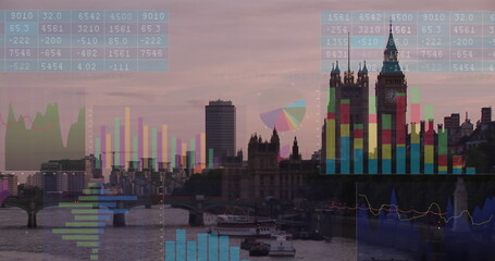Image of financial data processing over london cityscape