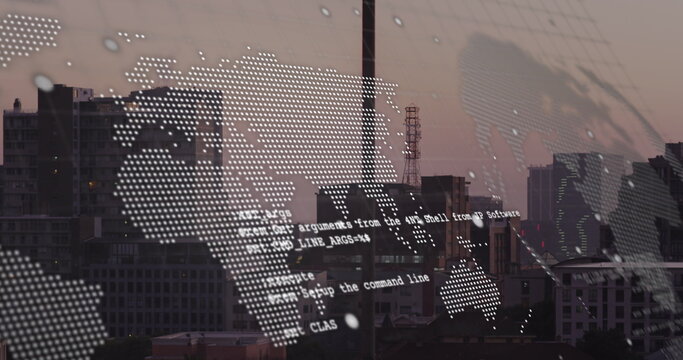 Image of data processing, world map and spinning globe against aerial view of cityscape