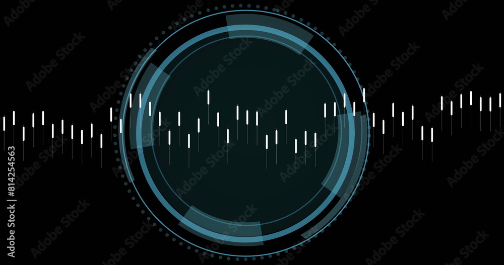 Poster image of data processing and security shield icon over spinning round scanner