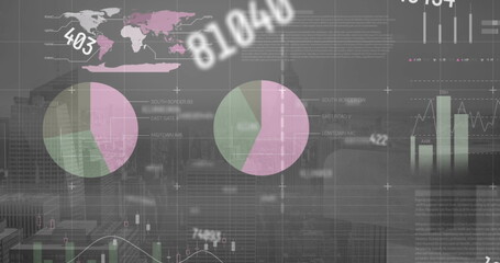 Image of changing numbers and statistical data processing against aerial view of cityscape