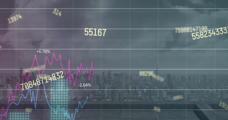Image of changing numbers and statistical data processing against aerial view of cityscape