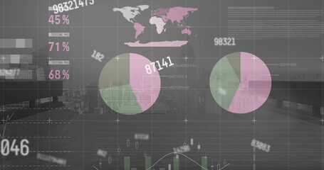 Image of changing numbers and statistical data processing against aerial view of cityscape