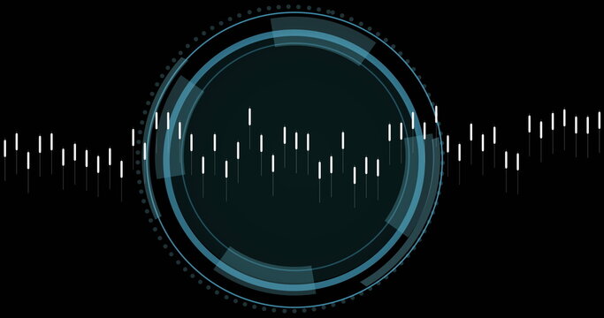 Image of data processing and security shield icon over spinning round scanner