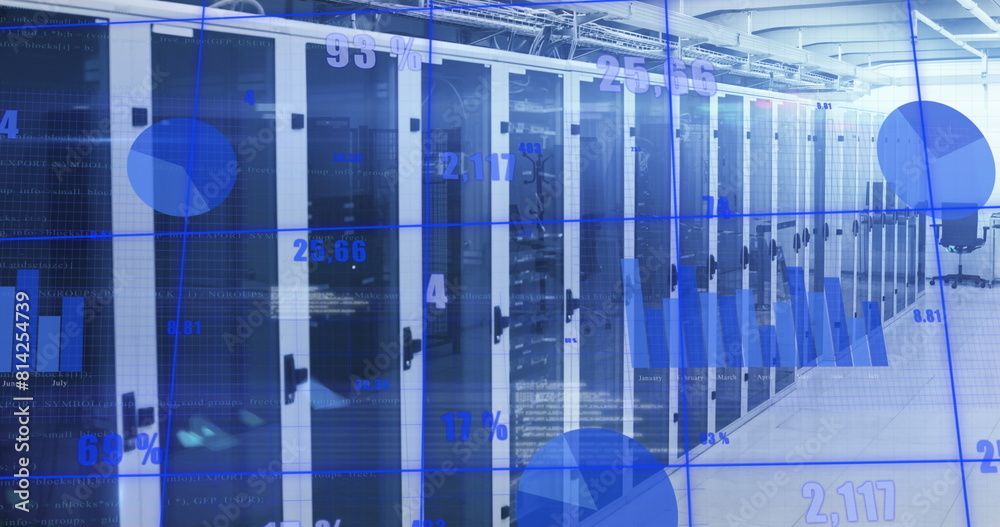 Poster image of statistical data processing and light spots against computer server room