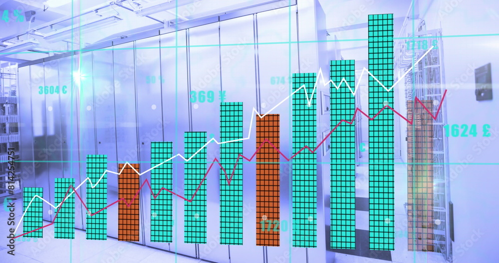 Poster image of statistical data processing and light spots against computer server room