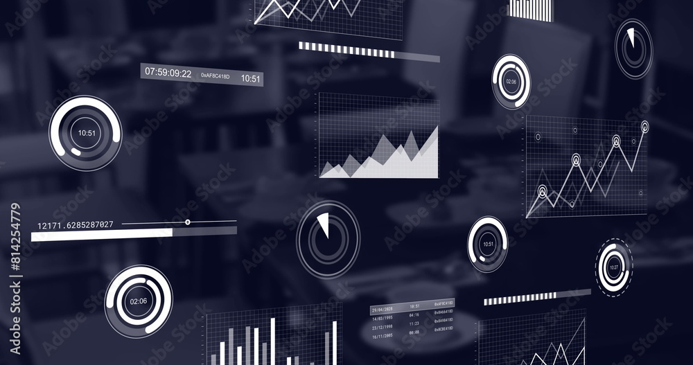 Poster image of loading circles, multiple graphs and timer over place setting on dining table