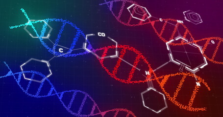 Image of dna and chemical structures against purple gradient background