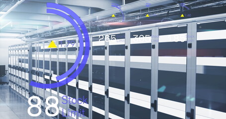 Image of stock market data processing and light trails against computer server room