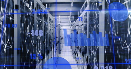 Image of statistical data processing and network of connections against computer server room