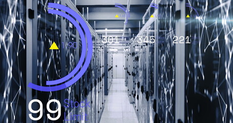 Image of stock market data processing and network of connections against computer server room