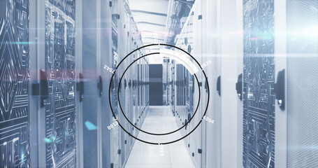 Image of round scanner and microprocessor connections against computer server room