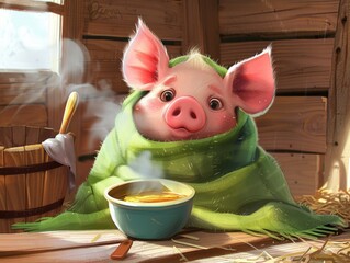 Piglet Wrapped in Blanket with Cup: piglet wrapped in blanket, cozy scene, warm drink