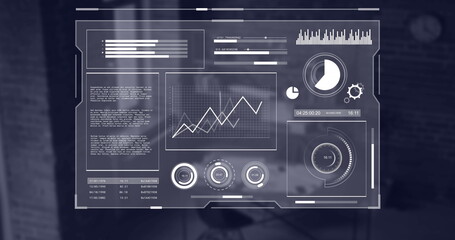 Image of interface with data processing against empty office