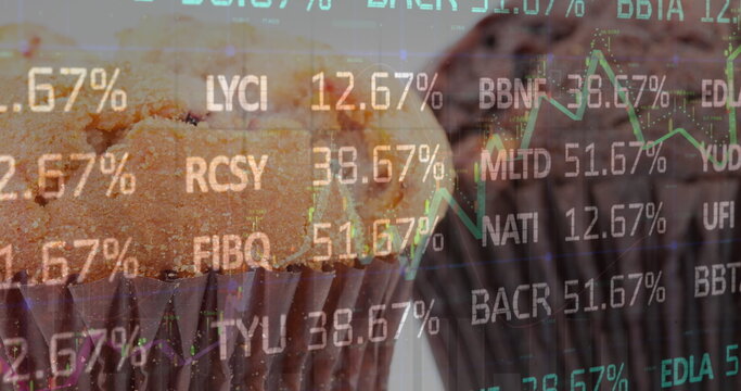 Image of stock market data moving over closeup of fresh cupcakes - Powered by Adobe