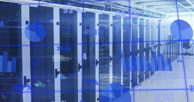 Image of statistical data processing and light spots against computer server room