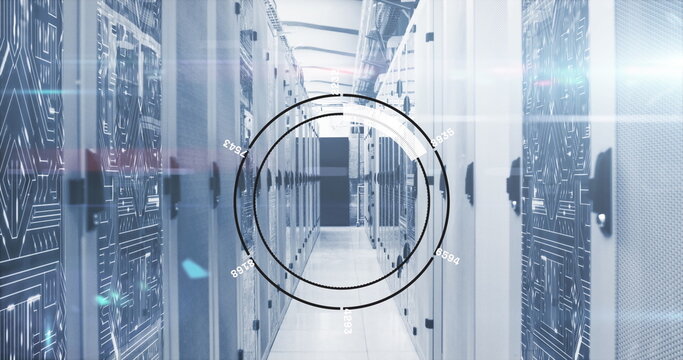 Image of round scanner and microprocessor connections against computer server room