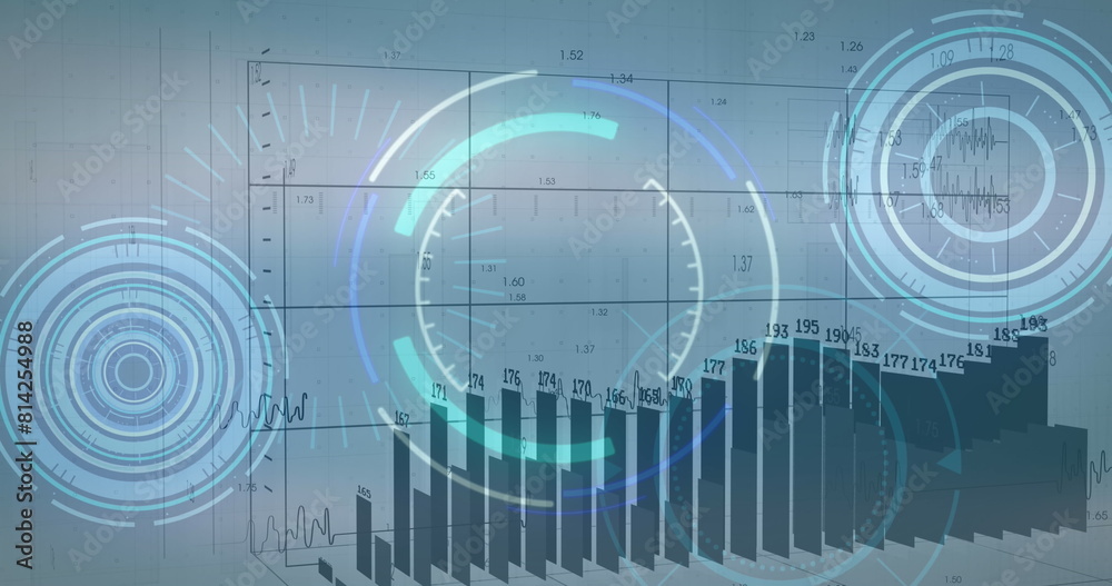Poster image of graphs with changing numbers over loading circles against abstract background