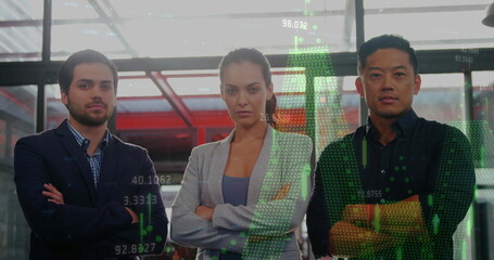 Image of graphs and numbers moving over confident biracial colleagues standing with arms crossed