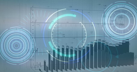 Image of graphs with changing numbers over loading circles against abstract background