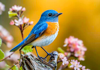 Fascinated blue and orange bird perching on thin wood.