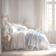 Serene Oasis: A Stylish Wooden Bed with Blue Drapes and Comforter