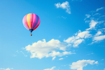 Fototapeta premium Balloon flying over a blue sky with copy space, conveying freedom and journey concept, ideal wallpaper for inspirational themes