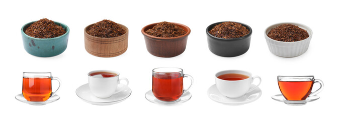 Heaps of rooibos and cups with brewed tea isolated on white, set