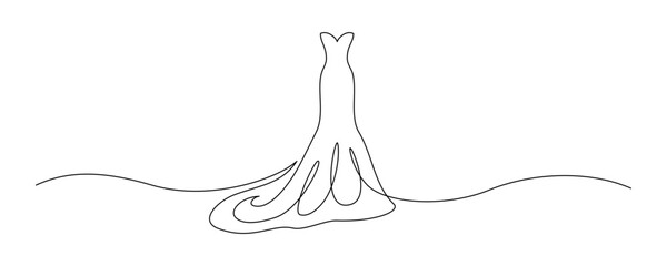 Wedding dress in one continuous line drawing. Fashion clothes symbol for bridal shop and invitation design in simple linear style. Editable stroke. Doodle elegance vector illustration
