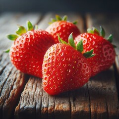 Close up of fresh strawberries on a wooden table