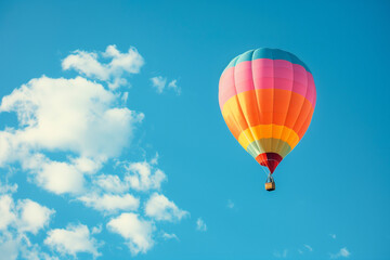 Balloon flying over a blue sky with copy space, embodying freedom and journey concept, excellent choice for wallpaper